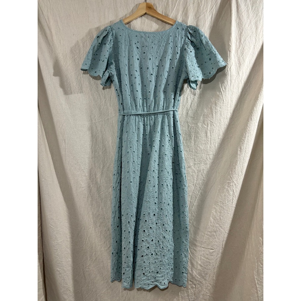 LOFT Light Blue Eyelet Button Front Midi Dress Short Flutter Sleeve Scallop M - Picture 3 of 6